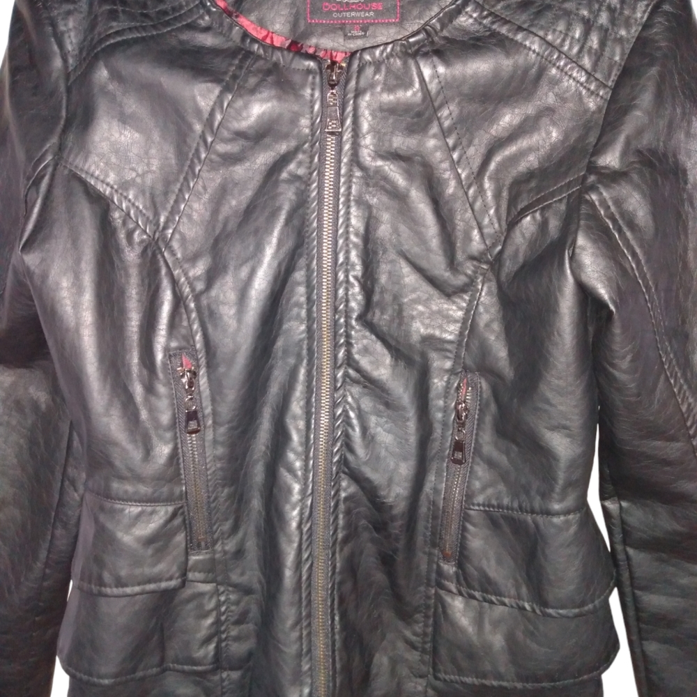 NYC Dollhouse Full Zip Lined PVC Faux Leather Motorcycle Jacket Black Small - Picture 3 of 11